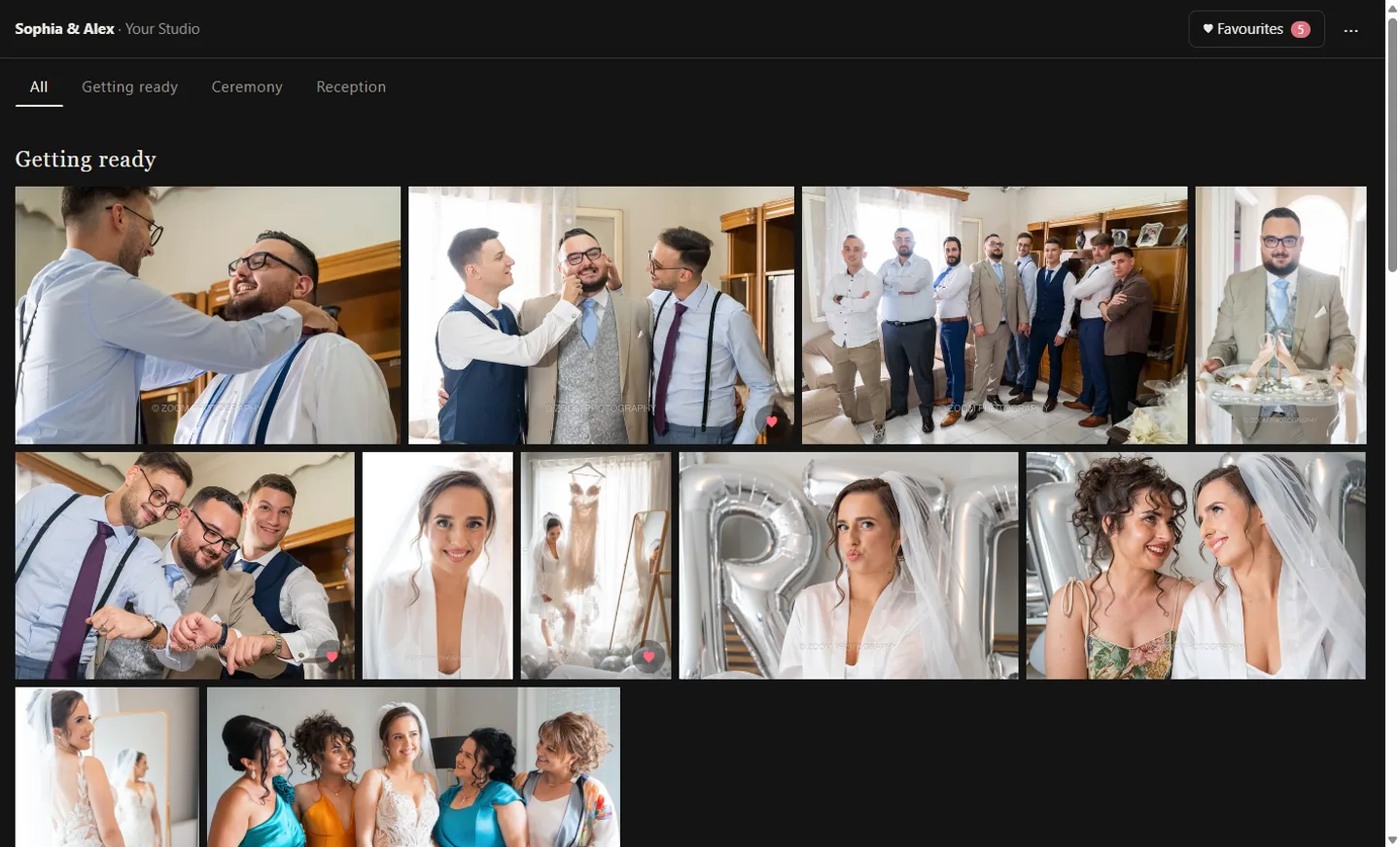 Client gallery in sections, where clients pick favourites for the album