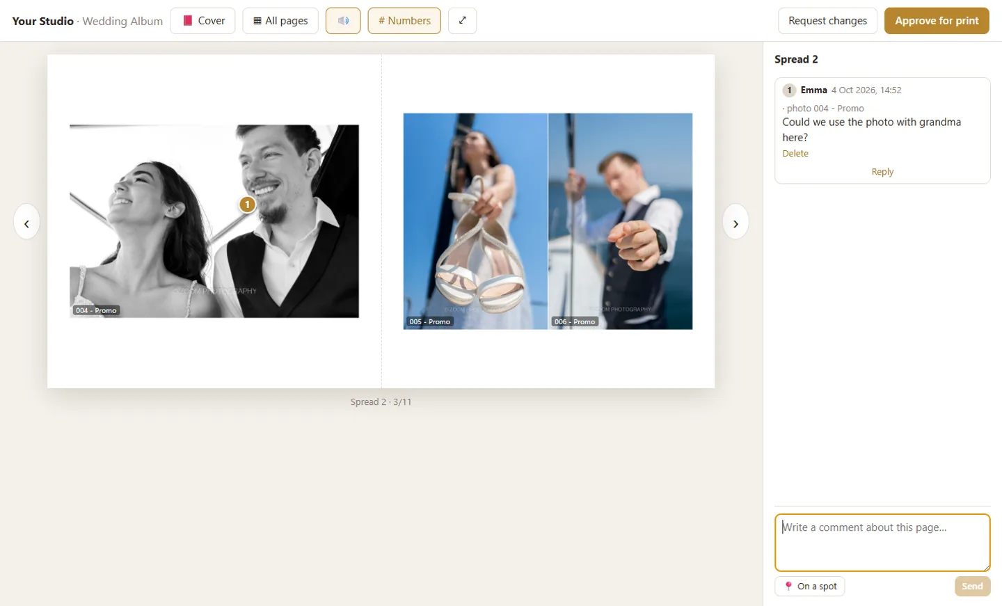 Client comment pinned on a photo during album proofing