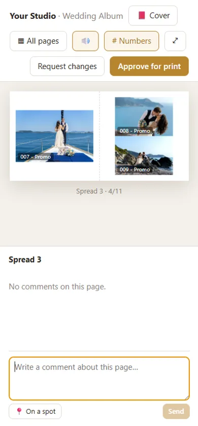 Online album proofing: the client pages through the wedding album on a phone